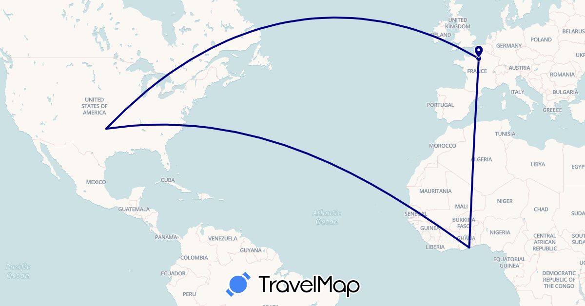 TravelMap itinerary: driving in France, Ghana, United States (Africa, Europe, North America)